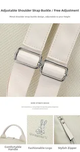 Macro detail of beige backpack showing metal buckles, adjustable straps, and brand logo