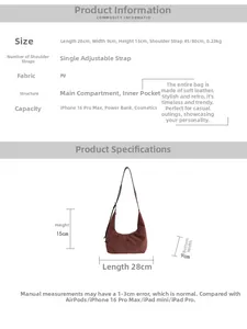 Detailed size chart of the brown faux suede hobo bag with adjustable strap and main pocket