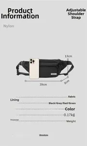 Detailed view of black checkered waist bag including dimensions and material specs