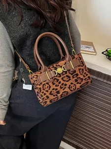 Retro leopard print handbag for women with gold hardware and brown leather strap