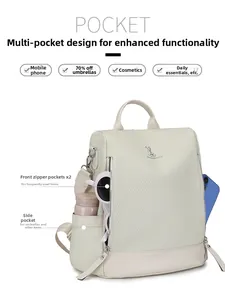 Detail view of woven backpack pockets showing storage for phone, umbrella and bottle
