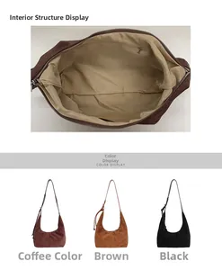 Detail of hobo bag interior pocket and color options in brown, coffee, and black
