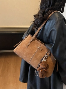 Brown vintage large capacity tote bag with suede texture and cute teddy bear charm