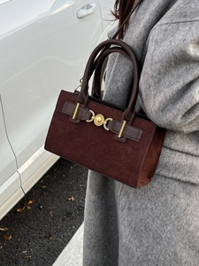 Retro dark brown suede handbag with golden heart buckle and stylish leather straps