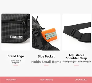 Detail showing side zipper pocket holding power bank and adjustable nylon shoulder strap