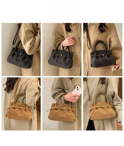 Collage of large suede tote bag showing crossbody and shoulder wear styles