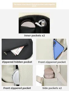 Detail view of cream backpack featuring five functional storage pockets and woven texture