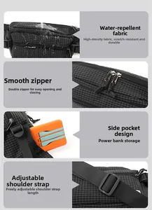 Detail shots of black checkered chest bag showing water-resistant fabric and zippers