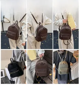 Collage d'un mannequin portant le mini sac à dos rétro en marron, noir et olive