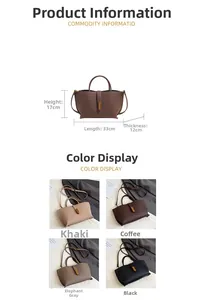Detailed view of the vintage bucket bag dimensions and four available colors in lychee grain