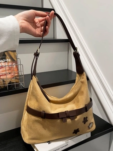 Women's Suede Fabric Large Capacity Shoulder Bag Retro Hobo Crossbody Bag With Bow And Star Patchwork Commuter Handbag