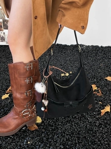 Stylish large capacity black canvas tote bag with leather bow and star patch detail