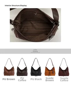 Détail du grand sac cabas avec doublure rayée et options de couleurs en PU et daim doux