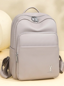 Gray-purple faux leather backpack with lychee grain and rabbit logo by QIANMENGTU