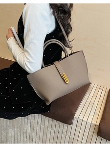 Detailed shot of taupe pebbled leather bucket bag with elegant gold oval buckle and strap