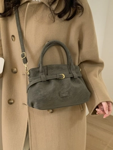 Deep grey-green faux suede hobo bag with adjustable gold buckle and shoulder strap