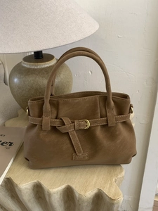 Caramel brown large capacity suede tote bag with stylish buckle strap details