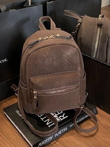 Mini Sac à Dos Femme en Cuir PU Vintage Style Maillard Surpiqûres Contrastées Sac à Bandoulière Décontracté Doré