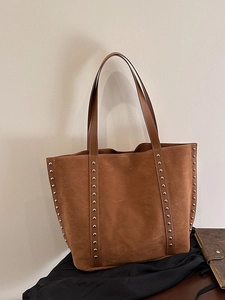 Brown large capacity suede tote bag with silver studs for autumn winter commuting