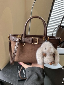 Vintage Women Faux Leather Suede Bucket Bag Retro Patchwork Handbag With Rabbit Pendant Crossbody Shoulder Bag For Daily