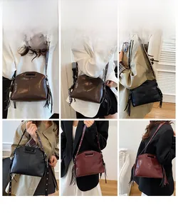 Collage of leather crossbody bags in brown, black, and red with side tassel detail