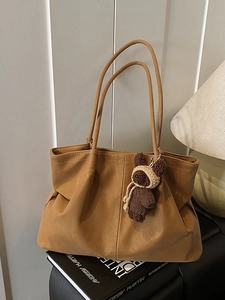 Vintage frosted camel leather tote bag with a cute bear pendant and large capacity