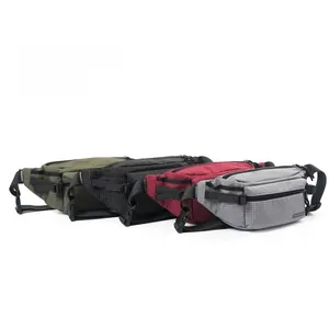 Detail of four grid nylon waist bags in green, black, red, and grey with adjustable straps