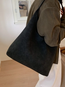 Large black faux suede tote bag for women, minimalist shoulder bag for office and commute