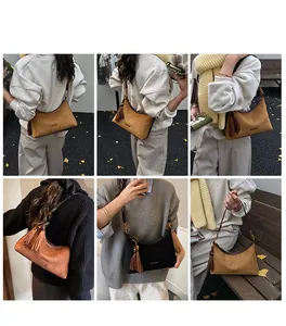 Multiple views of women's matte faux suede hobo bag with tassel and zip closure