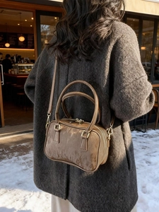 Retro tan faux leather Boston bag with dual handles and adjustable strap for women