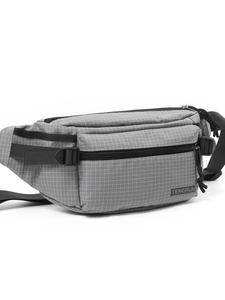 Gray grid pattern crossbody waist bag with adjustable strap for outdoor and casual use