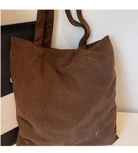 Detail of soft brown corduroy tote bag showing fine ribbed texture and Nice embroidery