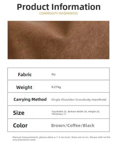 Detailed chart showing PU leather shoulder bag dimensions, weights and available colors