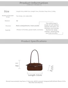 Detailed size specifications for the vintage brown matte baguette bag with PU fabric