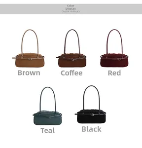 Color display of vintage matte baguette shoulder bags in brown, coffee, red, green, and black