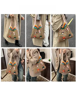 Rainbow striped crochet shoulder bag featuring 3D mushroom patches in various lifestyle poses