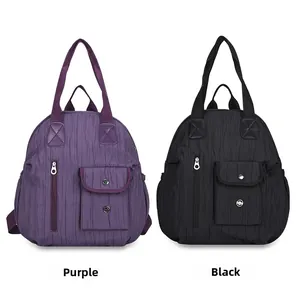Vertical pleated texture backpacks in purple and black featuring multi-pocket design