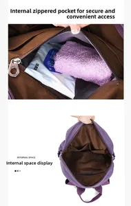 Macro shot of purple bag interior with brown lining, inner pocket, and zipper closure