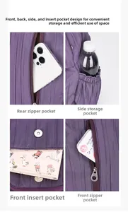 Detail view showing functional storage pockets of this purple waterproof nylon backpack