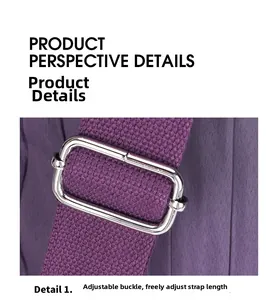 Detail of adjustable silver metal buckle and durable purple nylon shoulder strap for backpack
