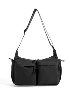 Borsa a tracolla tattica nera in nylon capiente con tasche multiple con zip