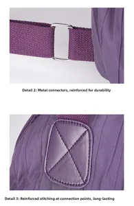 Detail of purple woven strap with silver metal buckle and reinforced stitching on backpack