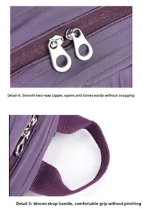 Close-up of durable purple backpack featuring a two-way metal zipper and woven handle