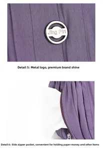 Close-up of purple nylon backpack side pocket with silver logo and hidden zipper
