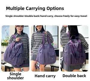 Purple versatile backpack shown in three modes: shoulder bag, handbag, and backpack view