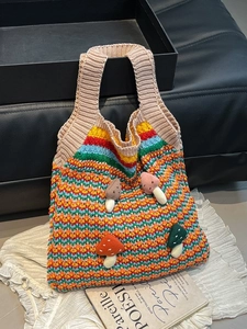 Women Handmade Crochet Knit Tote Bag Rainbow Contrast Multicolor Shoulder Bag With 3D Mushroom Decor Casual Yarn Handbag