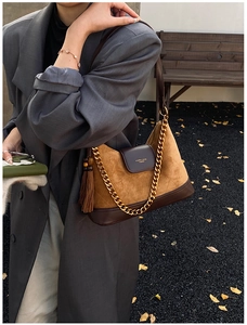 Détail du sac à bandoulière en daim matelassé avec chaîne dorée sur manteau gris