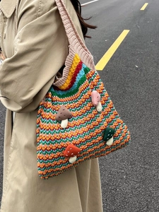 Rainbow striped knit tote bag with 3D mushroom crochet appliques for women