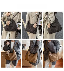 Hobo tote bag details showing soft suede texture and cute teddy bear charm accessory