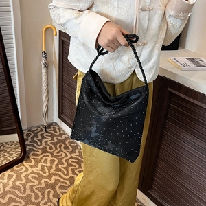 Retro black silk shoulder bag with white polka dots, butterfly patterns and woven handle